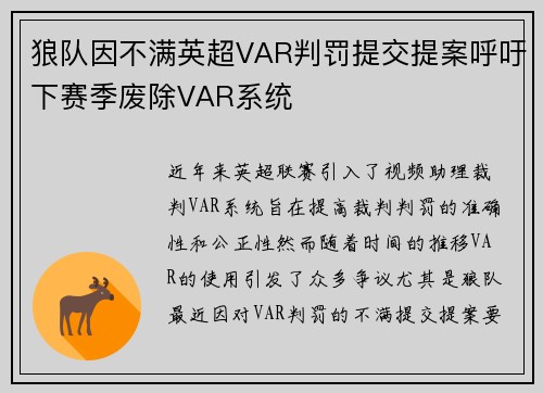狼队因不满英超VAR判罚提交提案呼吁下赛季废除VAR系统 狼队因不满英超VAR判罚提交提案呼吁下赛季废除VAR系统