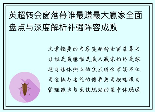 英超转会窗落幕谁最赚最大赢家全面盘点与深度解析补强阵容成败